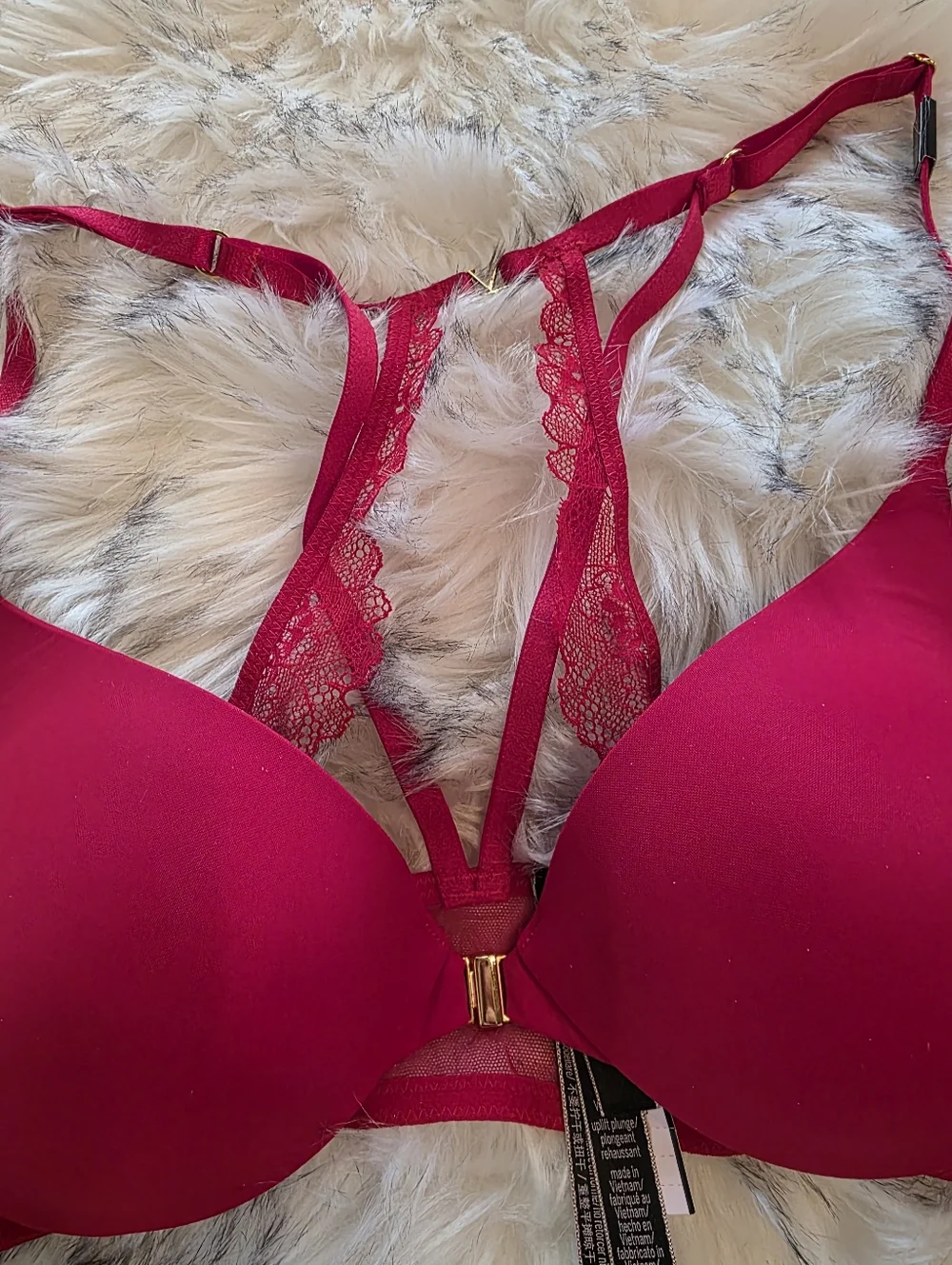 Victoria's Secret Red Angel Wing Back Strappy Bra Panty Set 34B M Gold Hardware